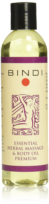Bindi Premium Herbal Massage Oil bottle shows nourishing oils for silky skin.