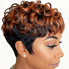 BingSing short pixie wig with bangs in black mixed brown, front view for a natural frame.