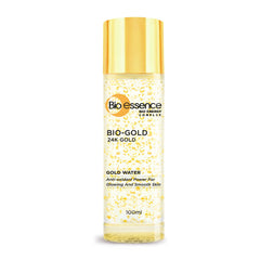 Bio Essence Bio-Gold Water bottle close-up showing premium packaging and glow.