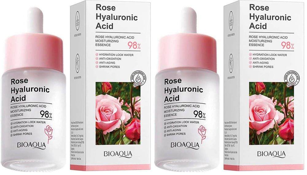 BIOAQUA Rose Hyaluronic Acid Essence bottle close-up highlighting premium hydration for moisturized skin