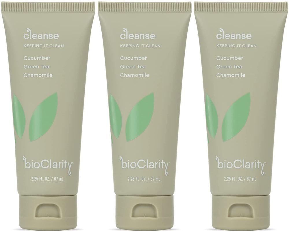 BioClarity Face Cleanser bottle closeup, showcasing gentle vegan formula for sensitive skin.