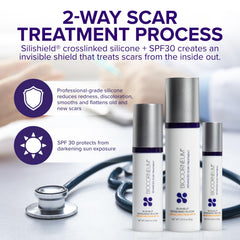 BIOCORNEUM SPF30 label showing sun protection to prevent scar darkening.