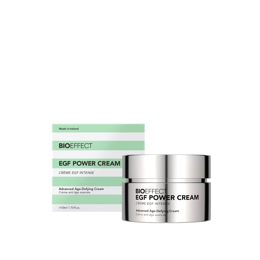 Bioeffect EGF Power Cream bottle closeup for daily anti-aging hydration.