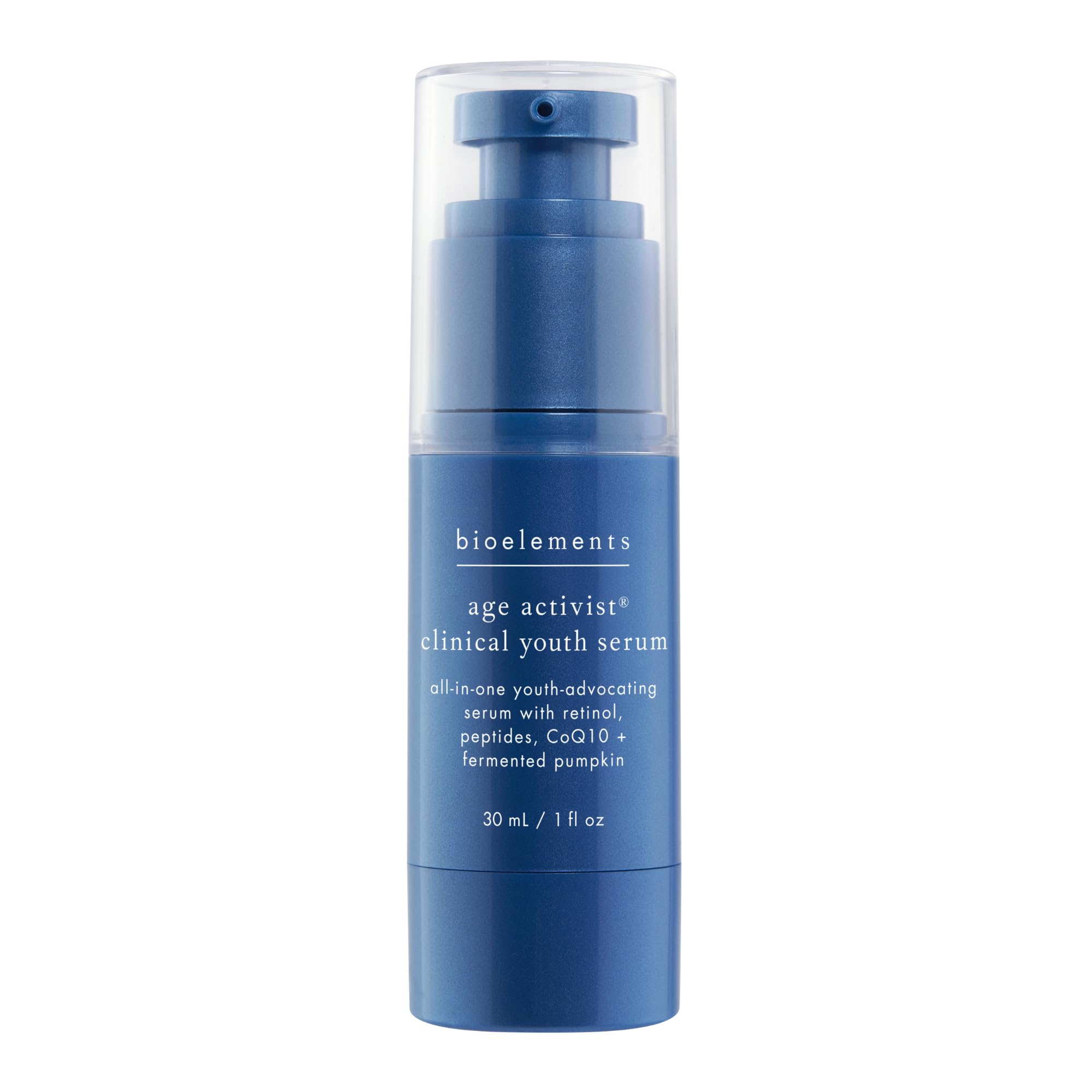 Bioelements Age Activist Serum bottle pump shown for easy daily use and application