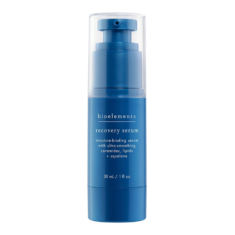 Bioelements Recovery Serum bottle close-up showing sleek packaging designed for dry skin.
