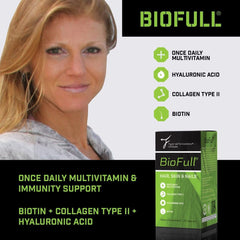 BioFull Hair Skin Nails ingredients glass and bottle shot emphasizing natural formula.