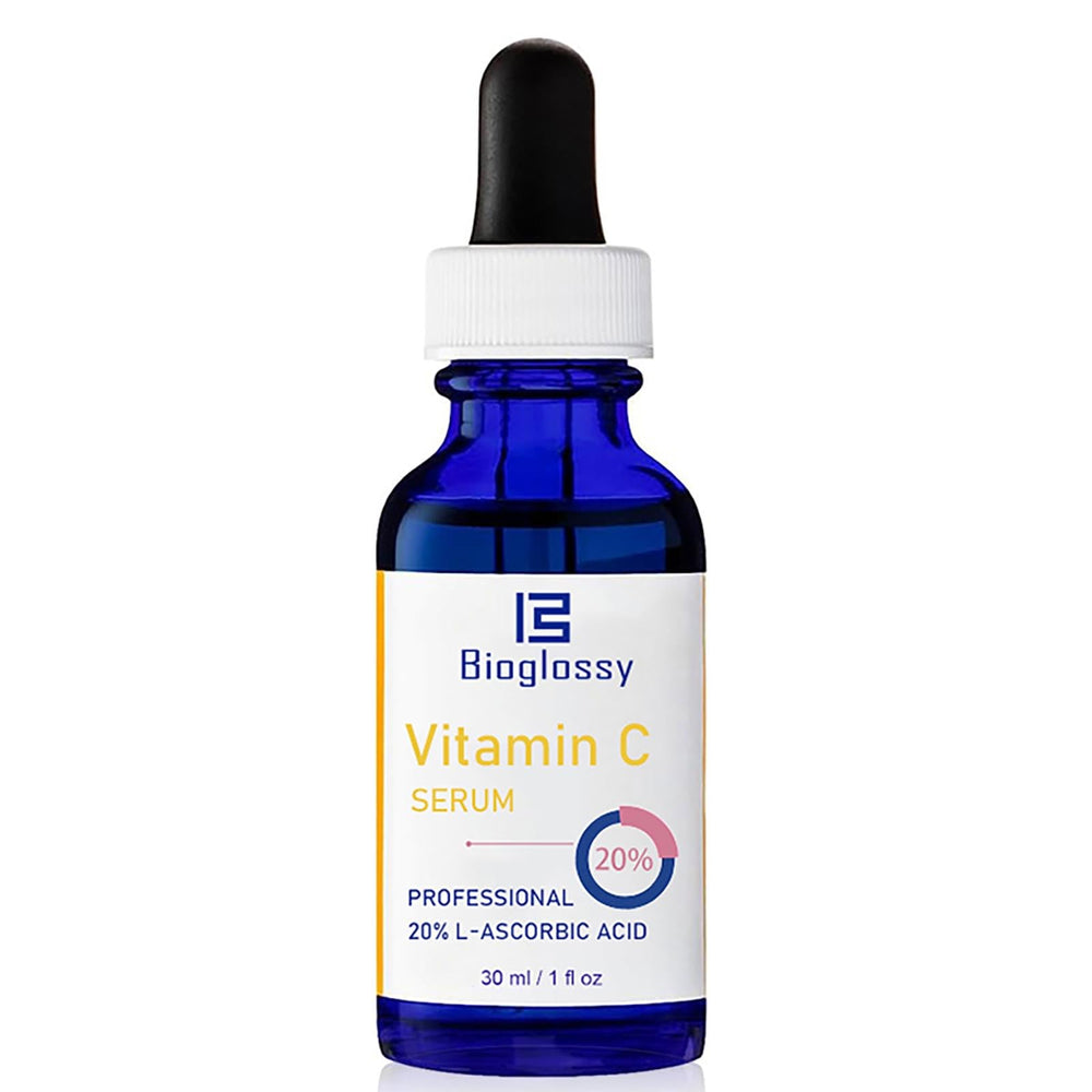 Bioglossy Vitamin C Serum bottle on desk highlights premium packaging and accessibility.