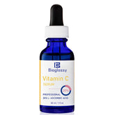 Bioglossy Vitamin C Serum bottle on desk highlights premium packaging and accessibility.