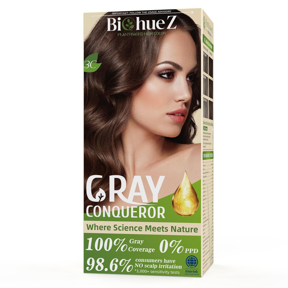 BioHueZ permanent hair dye box packaging showing gray coverage potential.
