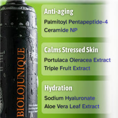 BIOLOJUNIQUE ceramide NP and peptides support moisture retention in mature skin.