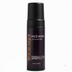 BIOLOJUNIQUE men's face wash bottle with pump delivers rich foam for deep cleanse.