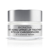 BIONOVA upper lip treatment jar close-up showing silky texture for smoother lip lines.
