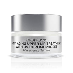 BIONOVA upper lip treatment jar close-up showing silky texture for smoother lip lines.