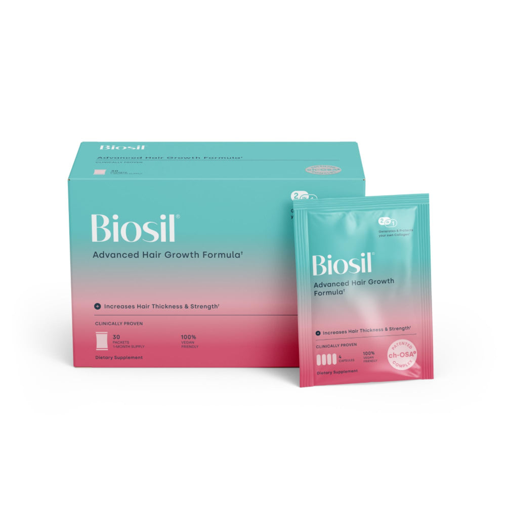 Biosil Advanced Hair Growth Formula packaging signals a complete daily regimen for hair vitality.