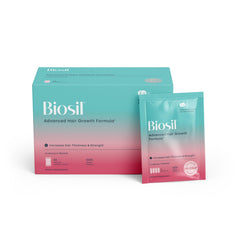 Biosil Advanced Hair Growth Formula packaging signals a complete daily regimen for hair vitality.