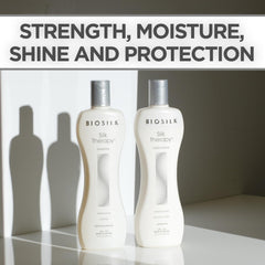 BioSilk Silk Therapy Conditioner bottle emphasizes moisture replenishment and smoothness.