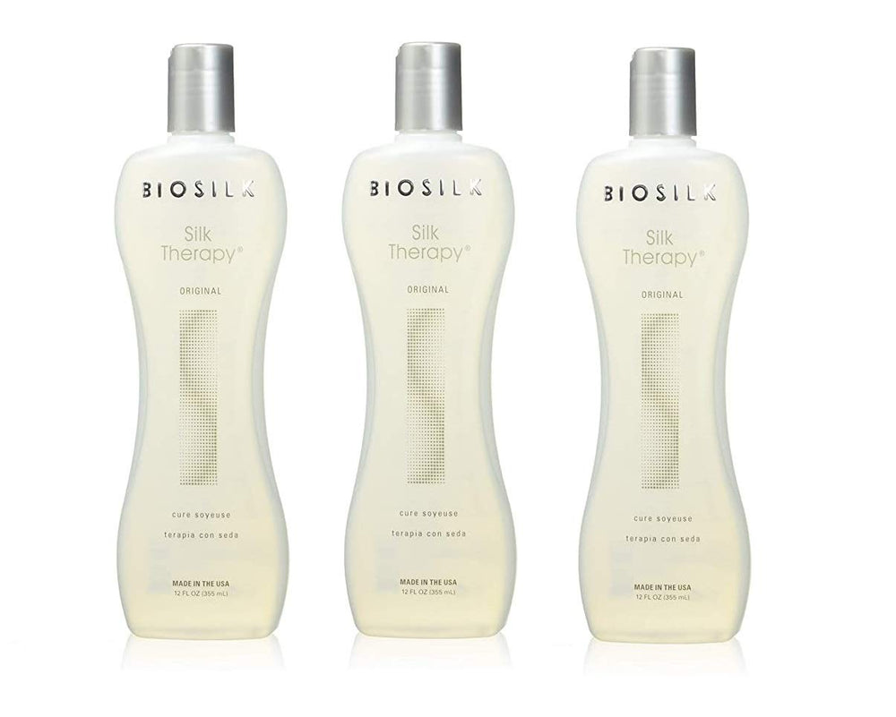 BioSilk Silk Therapy Original Cure bottle with 12 oz pack for smooth, shiny hair.