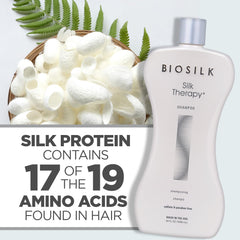 Bathroom scene with BioSilk Silk Therapy Shampoo for at-home hair care.