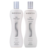 BioSilk Silk Therapy Shampoo bottle showcases silky shine and gentle cleansing.