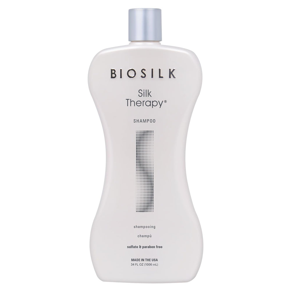 BioSilk Silk Therapy Shampoo bottle, 34 oz, ideal for daily cleansing and shine.