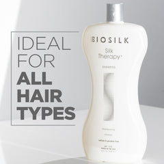 Close-up of BioSilk Silk Therapy Shampoo shows rich lather and silky conditioning potential.