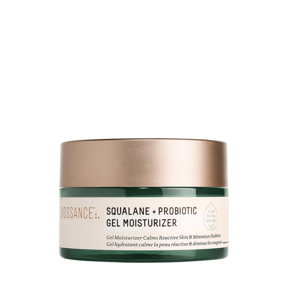 Biossance Squalane + Probiotic Gel Moisturizer jar calms redness and balances oil.