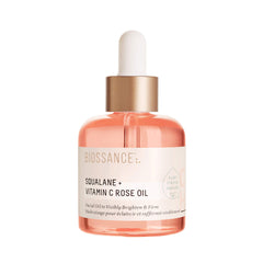 BIOSSANCE Squalane + Vitamin C Rose Oil bottle showing radiance and hydration.