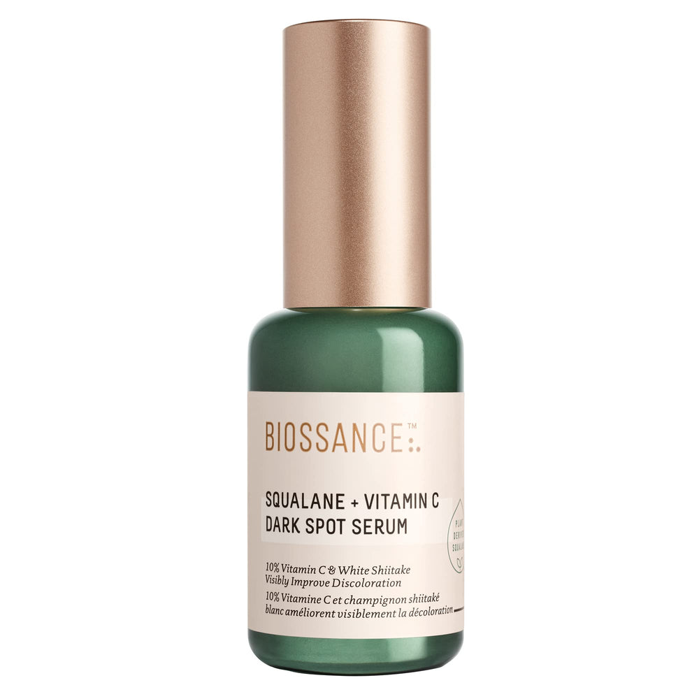 BIOSSANCE Squalane + Vitamin C Serum bottle highlighting 10% vitamin C for brightness