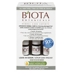 Biota Botanicals Advanced Herbal Care Leave-In Serum packaging close-up for premium daily-use appeal.