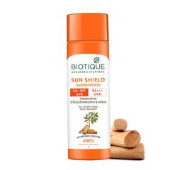 Biotique Sandalwood SPF 50+ sunscreen bottle for daily UV protection.