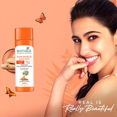 Biotique Sandalwood SPF 50+ sunscreen close-up highlighting soothing formula.