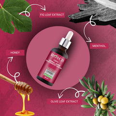 Bioxcin serum dropper shown mid-use to apply the formula.