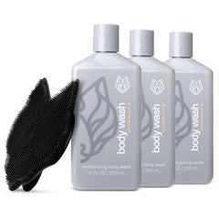 Black Wolf 3-pack body wash bottles provide sandalwood hydration for dry skin.