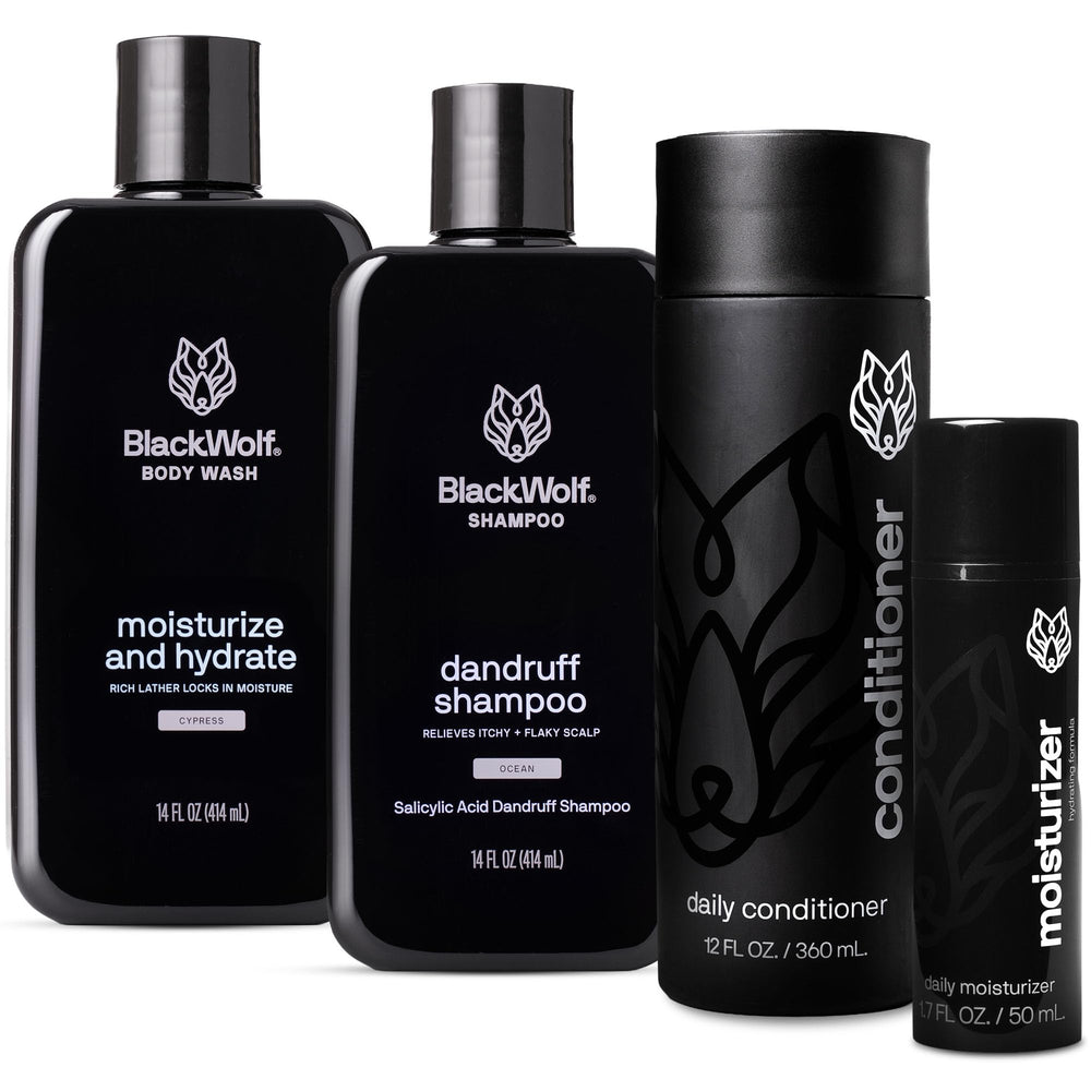 Black Wolf dandruff shampoo bottle with rich lather for scalp refreshment.
