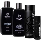 Black Wolf dandruff shampoo bottle with rich lather for scalp refreshment.