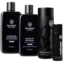 Black Wolf dandruff shampoo bottle with rich lather for scalp refreshment.