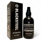 BLACKSTEEL serum bottle close-up showcasing premium matte glass for fast-absorbing daily care