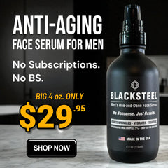 BLACKSTEEL serum dispense action showing quick, non-greasy absorption