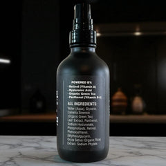 BLACKSTEEL serum label detail highlighting retinol and hyaluronic acid ingredients
