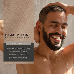 Blackstone 3-in-1 wash used on hair, face and body for streamlined daily routine.