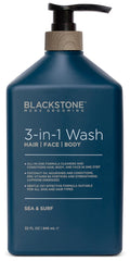 Blackstone 3in1 wash bottle shows versatile cleansing for hair, face, and body.