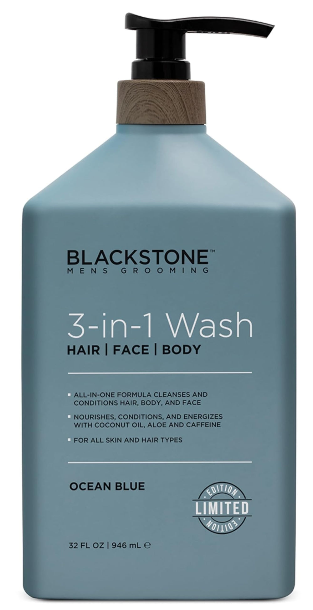 Blackstone 3-in-1 wash poured from ocean blue bottle for quick cleansing.