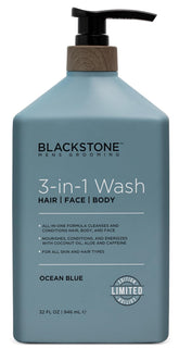 Blackstone 3-in-1 wash poured from ocean blue bottle for quick cleansing.