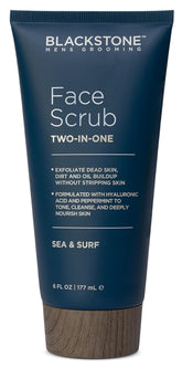 Blackstone facial scrub bottle showing deep cleansing and exfoliation benefits.
