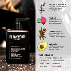 Hands applying Blackwood For Men Active Man daily conditioner on scalp