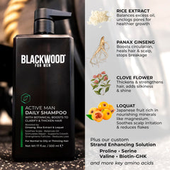 Blackwood For Men Active Man Daily Shampoo lather with cooling menthol and aloe for soothing scalp.