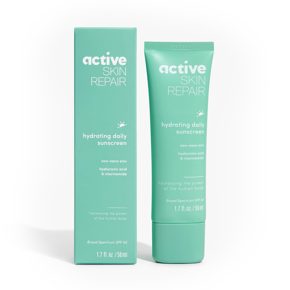 BLDG ACTIVE Active Skin Repair SPF 50 bottle shows daily mineral sunscreen protection.