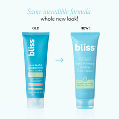 Closeup of Bliss label highlighting natural ingredients and exfoliation features.