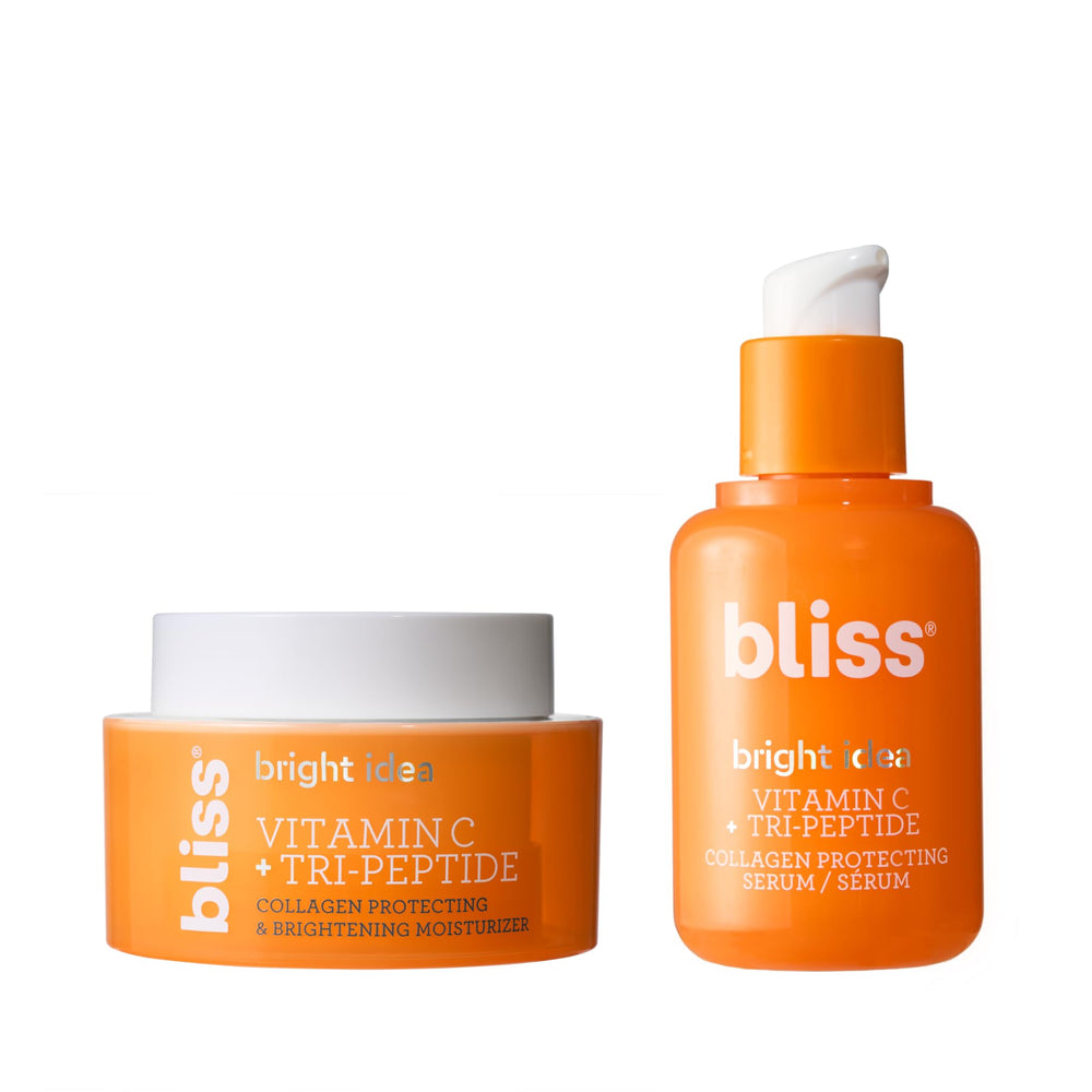 Bliss Bright Idea Vitamin C Serum bottle shows radiant glow for brighter skin