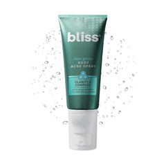 Bliss Clear Genius Body Acne Spray bottle front view, unscented and suitable for oily skin prone to breakouts.